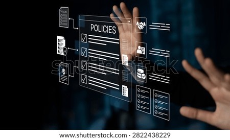 Close-Up View of Professional Hands Interacting with Digital Policy Interface Featuring Checkbox Lists and Security Icons