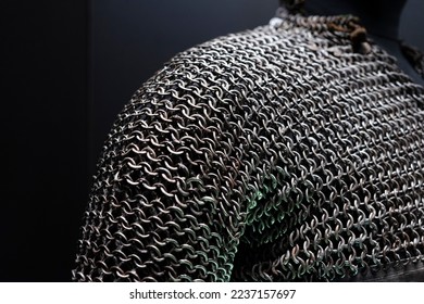 Close-up view of real handmade chainmail armor. Details of armor chain texture. - Shutterstock ID 2237157697