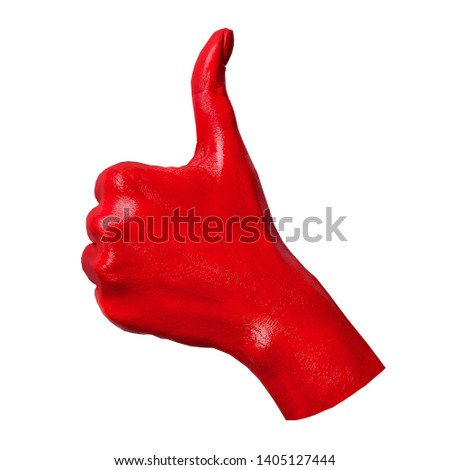 Closeup view red hand is giving thumb up of one hand making like gesture. Symbol like as sign of success or approval isolated on white background. 