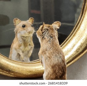 Close-up view of the reflection of a mouse standing in front of a mirror and looking at itself