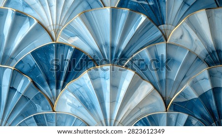 A close-up view of a repeating pattern of blue fan shapes with subtle gold edging, creating a luxurious and elegant texture.
