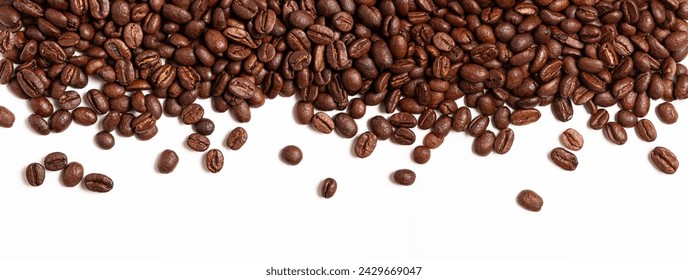 A close-up view of rich, aromatic coffee beans isolated against a clean, white background. The beans are varying shades of brown and have a shiny, oily appearance, hinting at the delicious aroma
