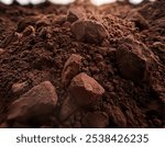 A close-up view of rocky, reddish-brown terrain with scattered rocks and soil