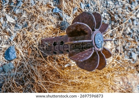 A close-up view of a rusted mortar shell or similar unexploded ordnance