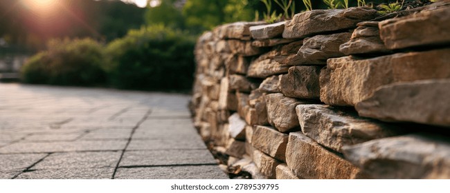 A close-up view of a rustic, curving stone wall next to a paved patio, bathed in the warm glow of soft sunlight.