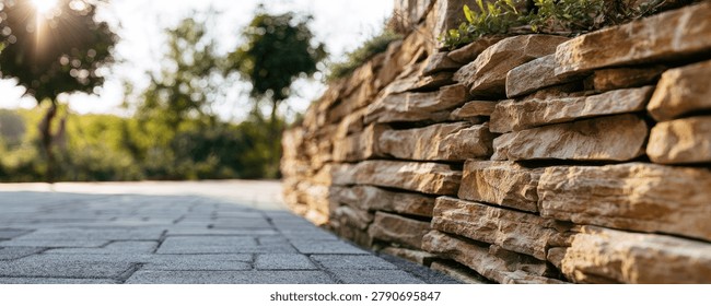 A close-up view of a rustic stone retaining wall next to a paved walkway, with trees and sunlight in the background.