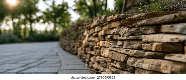 A close-up view of a rustic stone retaining wall bordering a paved pathway in a lush garden. Sunlight filters through the trees in the background.