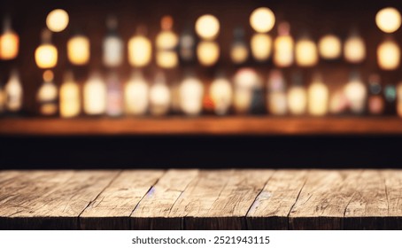 Close-up view of a rustic wooden table against a blurred background of a dimly lit bar interior.
