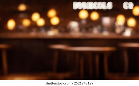 Close-up view of a rustic wooden table against a blurred background of a dimly lit bar interior.