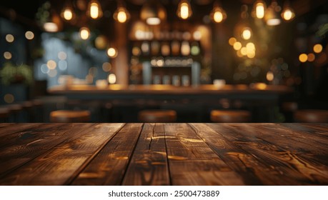 A close-up view of a rustic wooden tabletop with a blurred background of a dimly lit bar interior. - Powered by Shutterstock