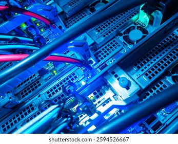 Close-up view of server rack showcasing blue LED lights and various cables, highlighting the complexity of modern data centers and technology infrastructure.