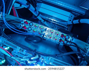 A close-up view of a server rack showcasing network equipment, cables, and LED lights, emphasizing the complexity and precision of modern computer systems.