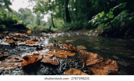 A close-up view of a shallow forest stream with fallen autumn leaves on the rocky bed, surrounded by lush green foliage.