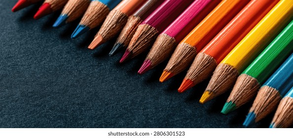 Close-up view of sharpened colored pencils in a spectrum of colors, laid out in a diagonal line on a dark, textured background.