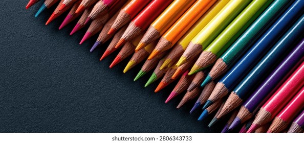 Close-up view of sharpened colored pencils in a rainbow spectrum, laid out in a diagonal pattern on a dark, textured surface.
