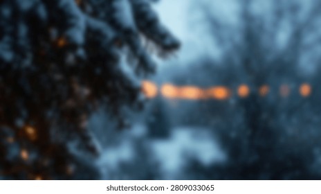 A close-up view of snow-covered pine tree branches with blurred bokeh lights in the background, creating a magical winter atmosphere.