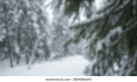 Close-up view of snow-laden pine tree branches during a gentle snowfall in a serene winter forest setting.