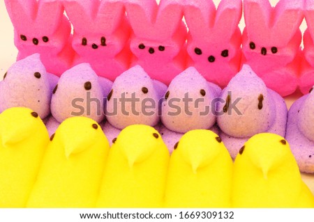 A closeup view of some festive Easter marshmallow treats.