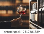 Close-Up View of Sommelier Evaluating Red Wine in Cellar