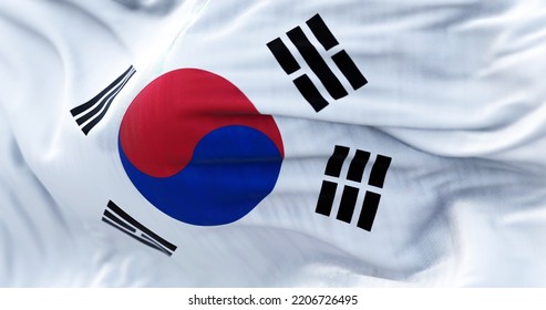 Close-up view of the South Korea national flag waving in the wind. The Republic of Korea is a country in East Asia. Fabric textured background. Selective focus - Shutterstock ID 2206726495