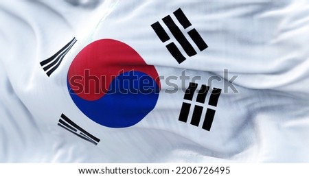 Close-up view of the South Korea national flag waving in the wind. The Republic of Korea is a country in East Asia. Fabric textured background. Selective focus