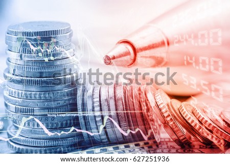 Closeup view of stack of coins, technical chart of financial instruments, a pen and a stock market price quotations. Concept of stock market analysis for certified financial analyst or CFA and CFP