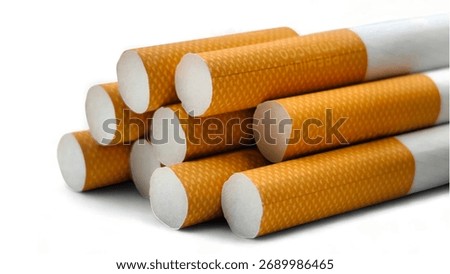 Closeup view of a stack of unlit filtered cigarettes, isolated on a clean white background.