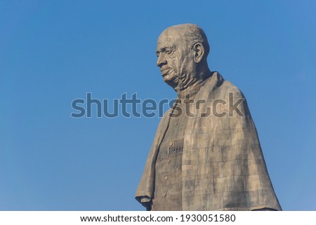 Close-up view of Statue of Unity, the world's tallest statue at 182 metres. The statue is of Sardar Vallabhbhai Patel, Iron man of India. It is located in Kevadia, Gujarat, India.