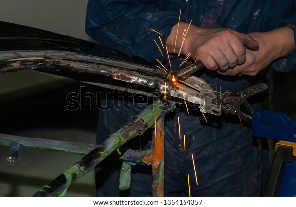 Closeup View Strong Man Welder Blue Stock Photo Edit Now 1354154357