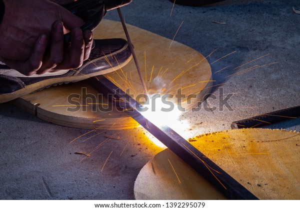 Closeup View Strong Man Welder Blue Stock Image Download Now