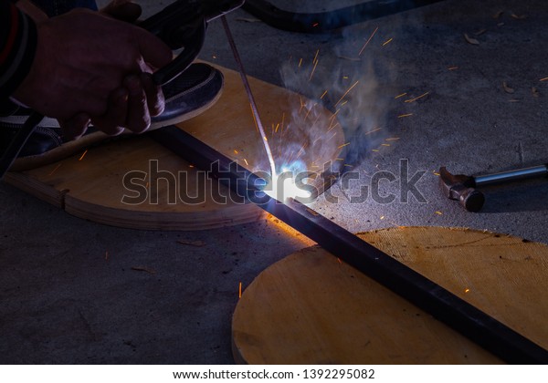 Closeup View Strong Man Welder Blue Stock Photo Edit Now 1392295082