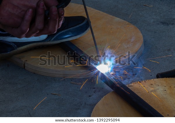 Closeup View Strong Man Welder Blue Stock Photo Edit Now 1392295094