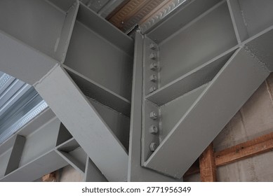 Close-up view of structural steel framework using H-Beam wide flange components, showcasing strength, industrial design, and construction detail in modern architecture and engineering projects.