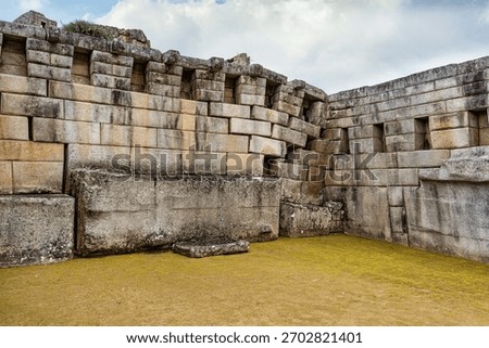 Close-up view of the Temple of the Three Windows, one of the most iconic structures at the Historic Sanctuary of Machu Picchu in Peru