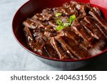 A closeup view of a teriyaki beef bowl.