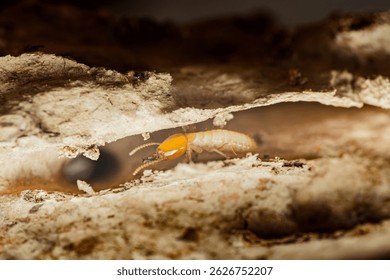 Close-up view of a termite navigating through wood, emphasizing the destructive impact of these pests on homes and the potential damage they cause to structures and property