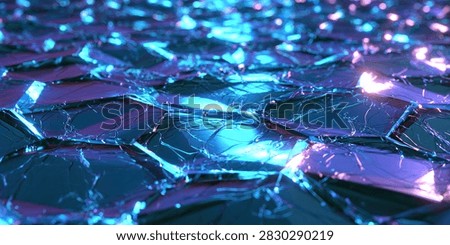 Close-up view of a textured surface composed of irregular, fragmented shapes in vibrant blue and purple hues, with bright light reflections.