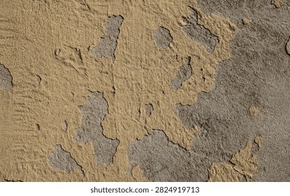 Close-up view of textured wall surface with peeling paint and irregular patterns. Earthy tones dominate, providing a weathered aesthetic.