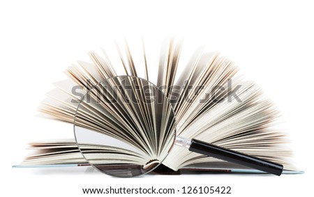 Closeup view of thick open book and magnifying glass isolated over white background