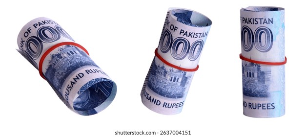 Close-up view of three rolls of one thousand Pakistani rupees banknotes tightly bound with red rubber bands against a clean white backdrop.