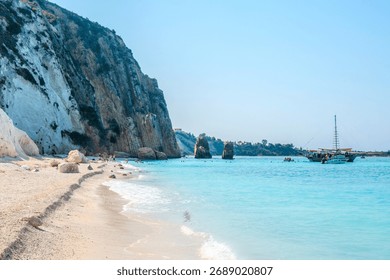 Close-up View of the Towering White Cliffs and Turquoise Water at White Rocks Beach, Kefalonia, Greece