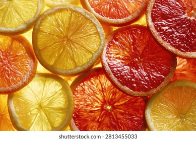 Close-up view of translucent slices of oranges and lemons backlit, showcasing their juicy textures and vibrant colors.