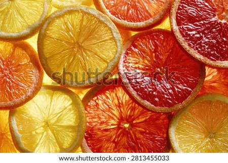 Close-up view of translucent slices of oranges and lemons backlit, showcasing their juicy textures and vibrant colors.
