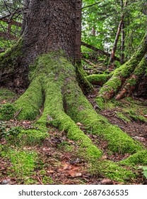 A close-up view of a tree trunk with moss-covered roots in a lush forest setting.