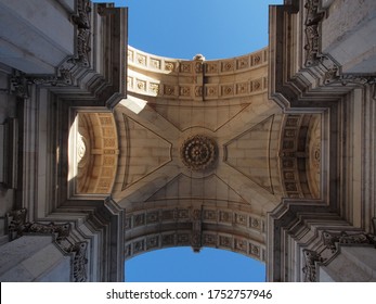Close-up View Of Triumphal Arch On The Commercial Square (Praça Do Comércio) In Lisbon, Portugal. Bottom View.