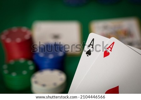 Closeup view of two aces, Texas Hold'em Poker gambling concept