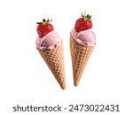 Closeup view two strawberry icecream with strawberry and waffle cone isolated on white background