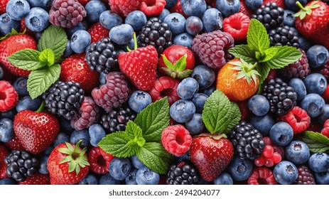 A close-up view of a variety of fresh berries, including blueberries, raspberries, blackberries, and strawberries, alongside vibrant green mint leaves. - Powered by Shutterstock