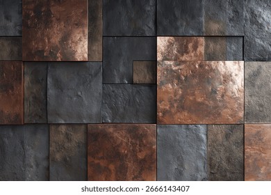 A close-up view of a wall composed of irregularly shaped, textured tiles in shades of copper, bronze, and gray. The tiles are arranged in a mosaic-like pattern.