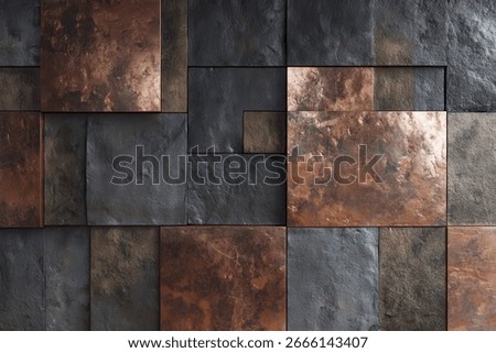 A close-up view of a wall composed of irregularly shaped, textured tiles in shades of copper, bronze, and gray. The tiles are arranged in a mosaic-like pattern.